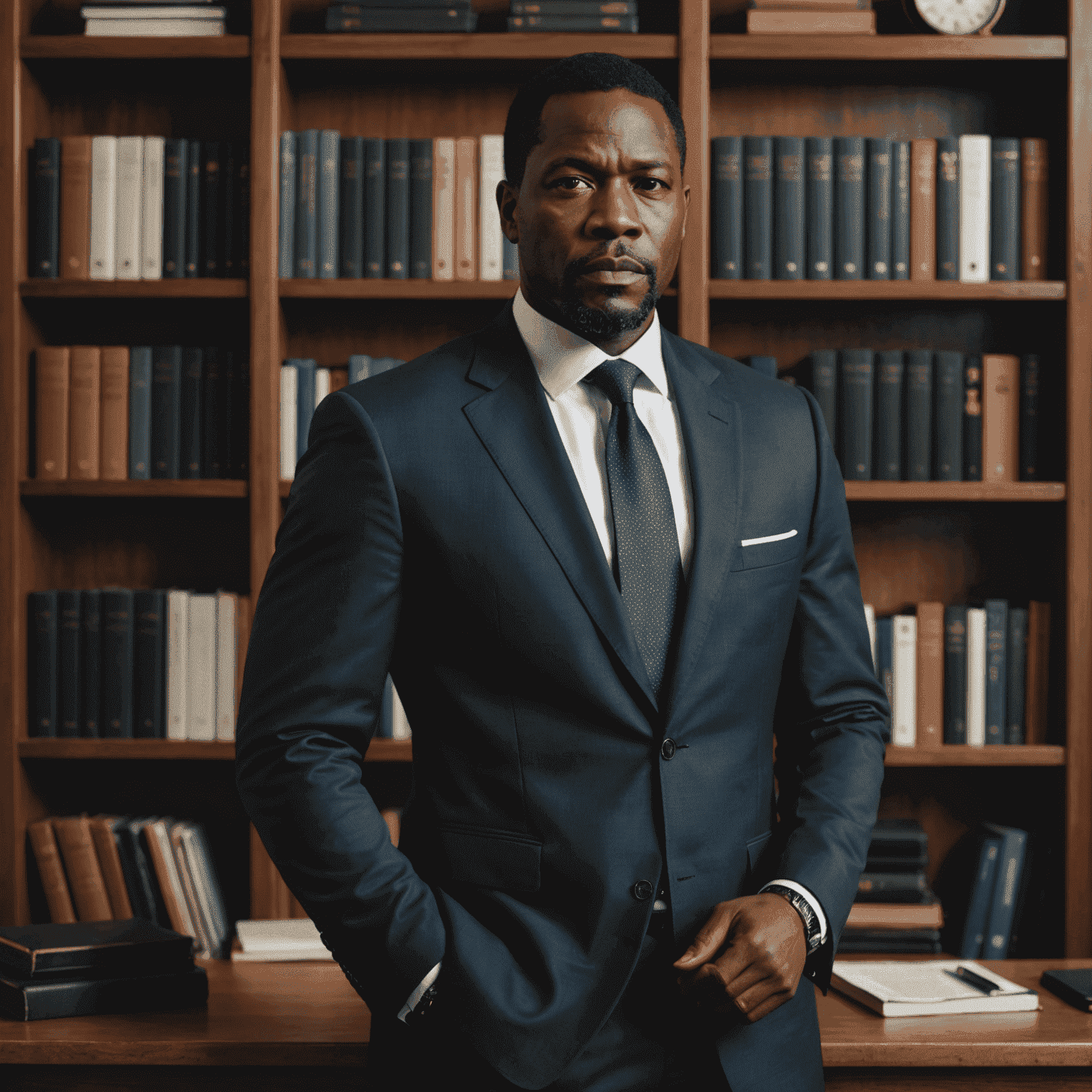 Portrait of John Adebayo, a middle-aged African man with a serious expression, wearing a dark suit and tie, standing in front of a bookshelf in an office setting