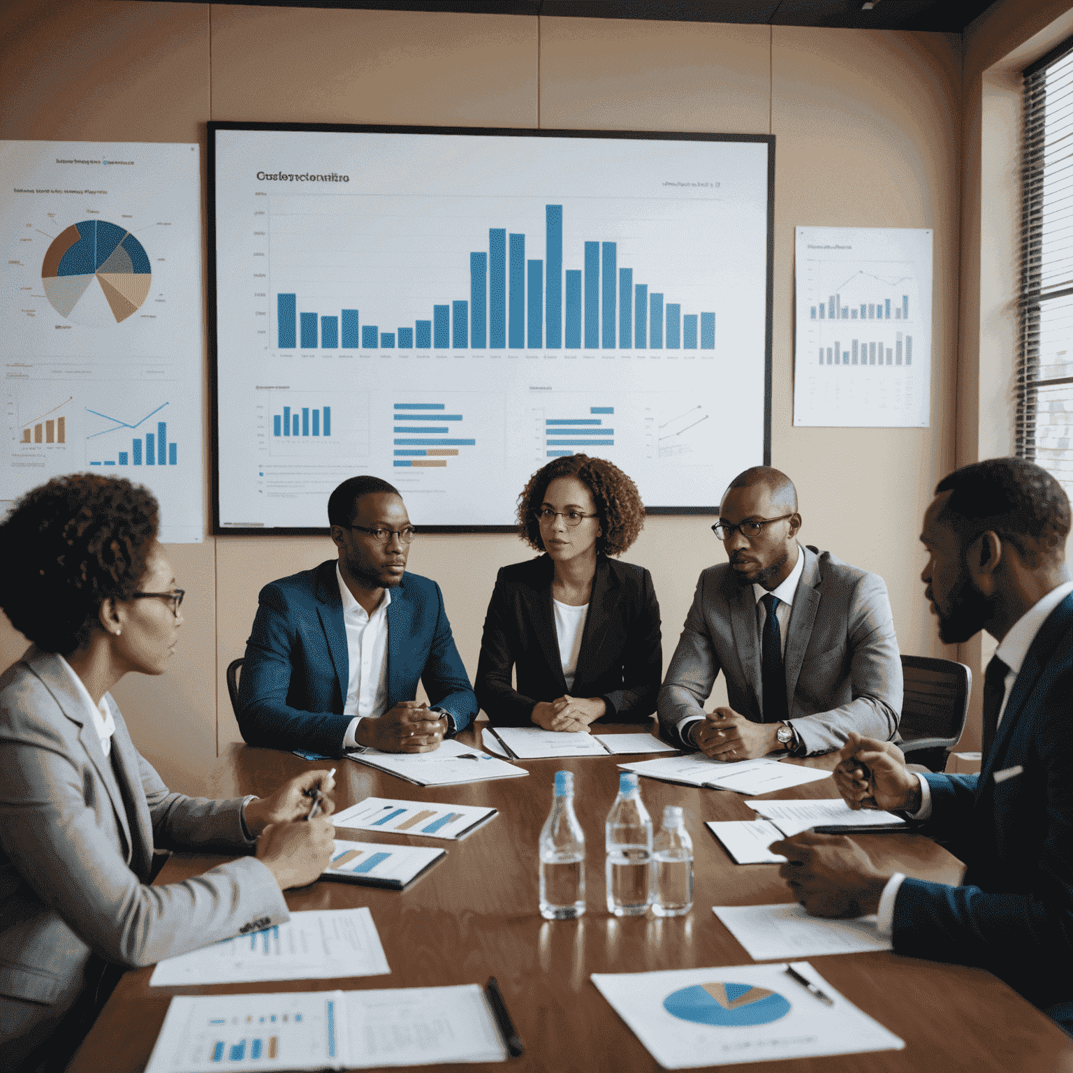 A group of diverse African business professionals engaged in a serious discussion around a conference table, with charts and ethical guidelines visible on the wall behind them.