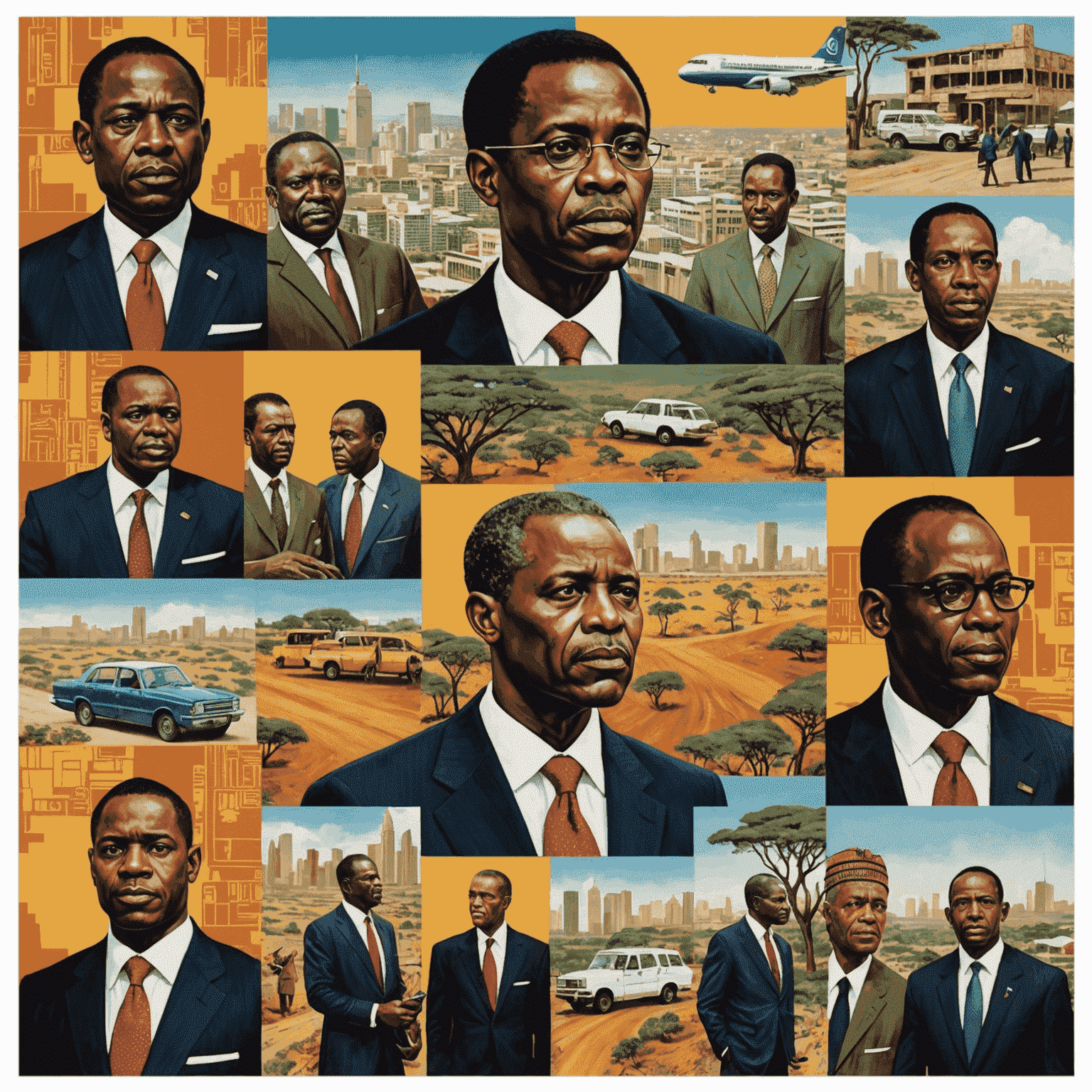 A collage depicting various African business landscapes juxtaposed with images representing ethical dilemmas and corporate scandals