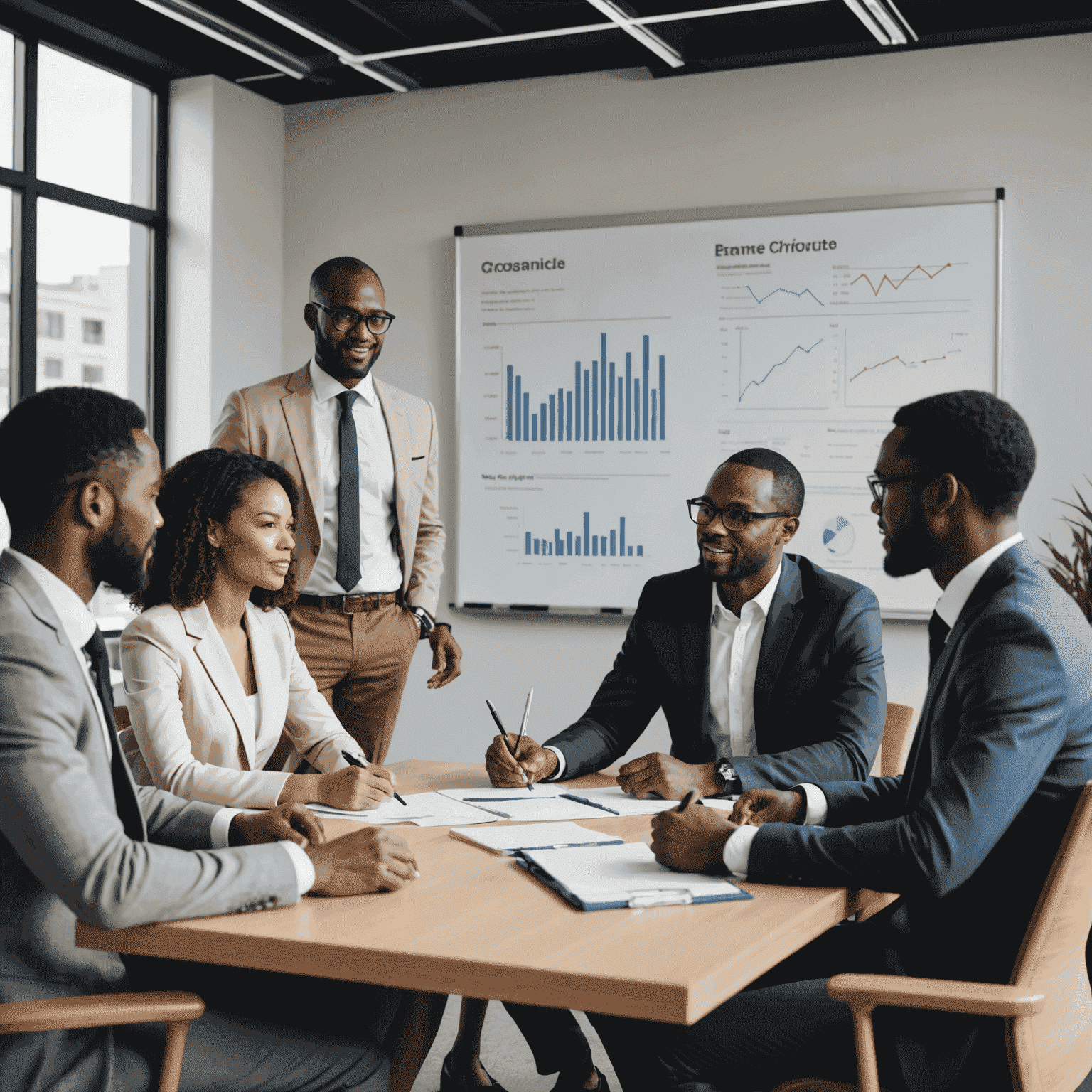 A group of diverse African business professionals discussing ethical standards in a modern office setting, with charts and ethical guidelines visible on a whiteboard