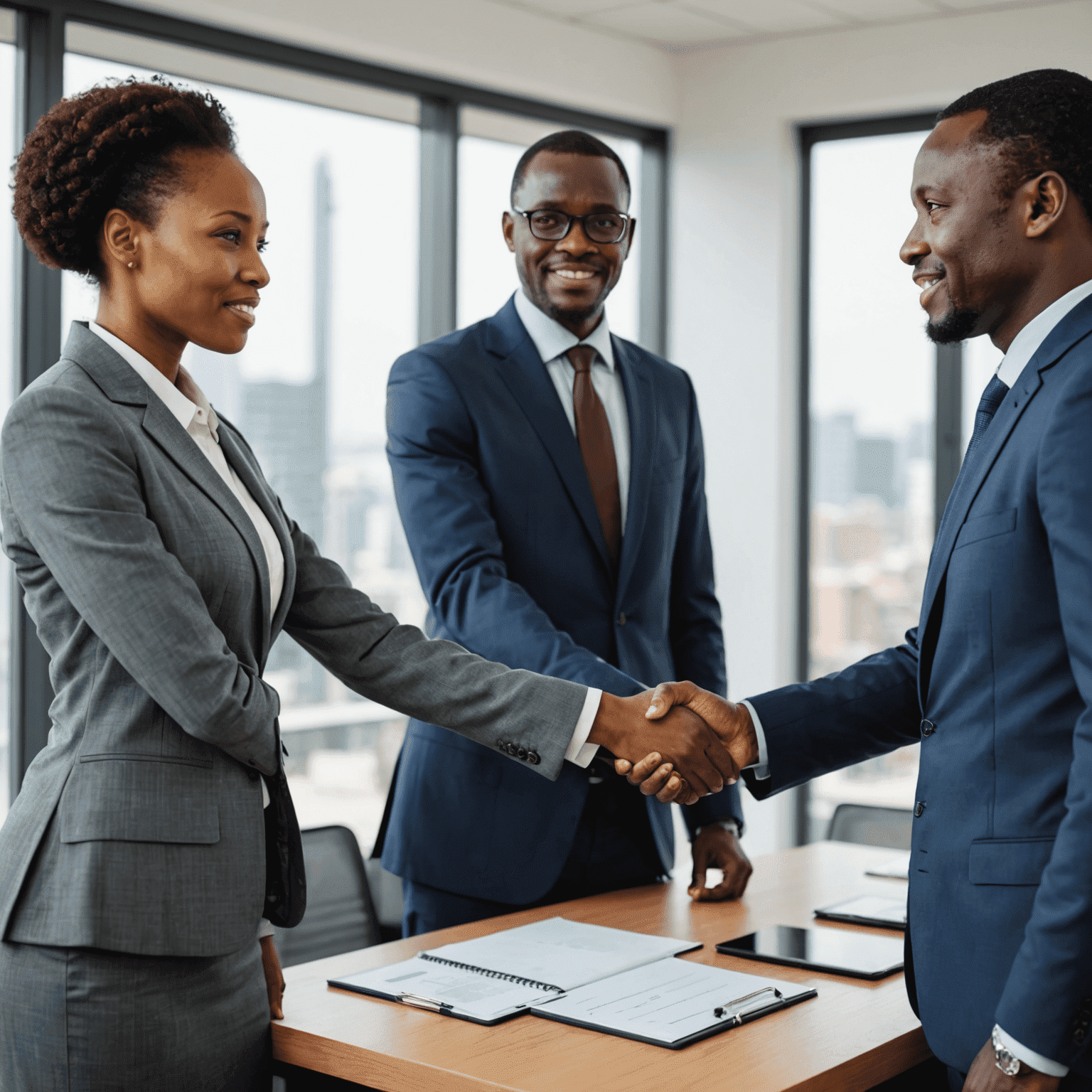 A handshake between an African business person and a consultant, symbolizing trust and transparency in a professional setting