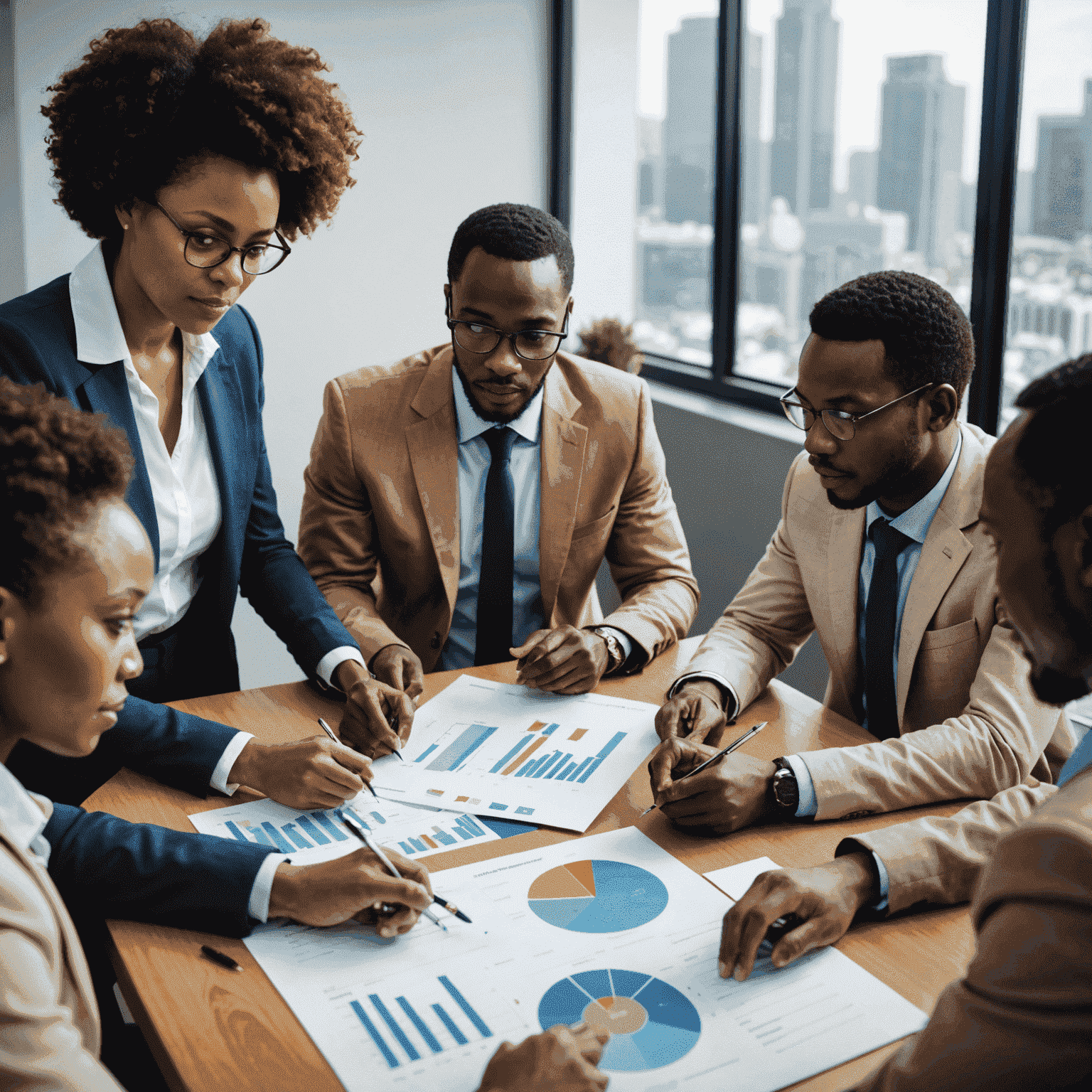 A group of diverse African business professionals engaged in an ethical consulting meeting, with charts and graphs displaying positive growth trends