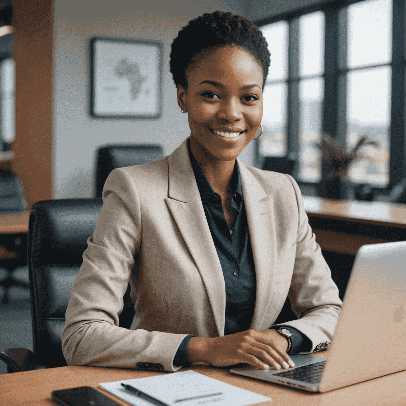 Portrait of Sarah Nkosi, a young African woman with a confident smile, wearing a professional blazer, seated at a modern desk with a laptop