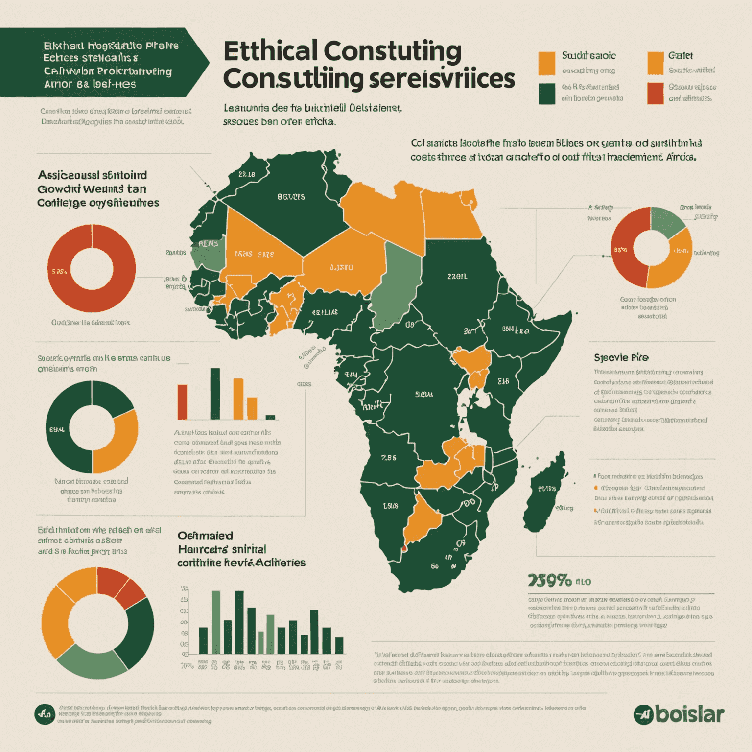 An infographic showing the increase in demand for ethical consulting services in Africa, with bar graphs and pie charts depicting growth trends across different African regions.