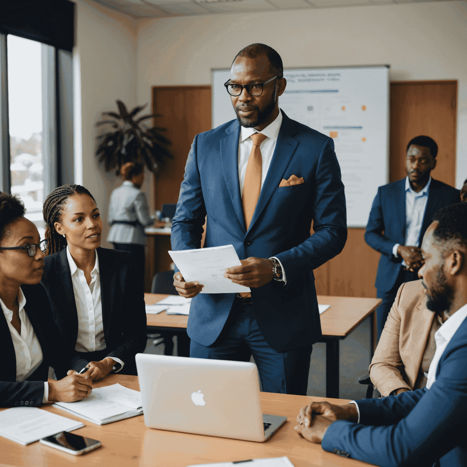 An African business consultant leading an ethics training session, using interactive digital tools to engage participants