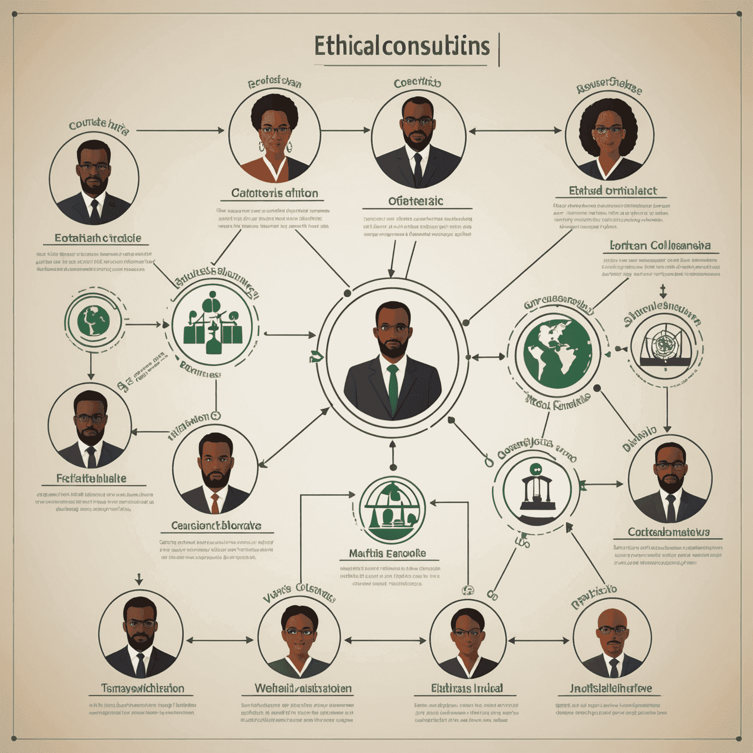 A flowchart showing the integration of ethical considerations into various stages of a consulting project, with African business icons and symbols